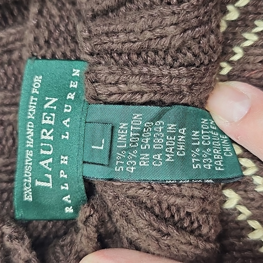 Vtg Lauren Ralph Lauren Brown Mock Neck Southwest Hand Knit Sweater Sz L, NEW - Picture 5 of 10